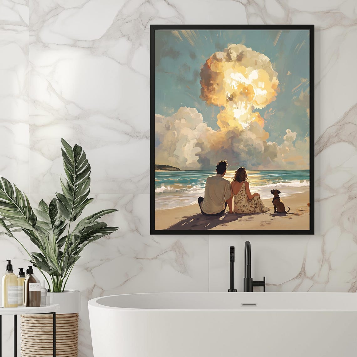Surreal Couple On Beach Watching Mushroom Cloud Retro Art Poster - Image 3