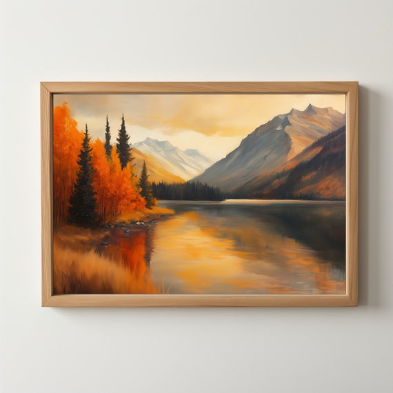 Rustic Fall Lake Landscape Print Art Print Moody Autumn Oil Painting Wall Art Autumn Lake 309