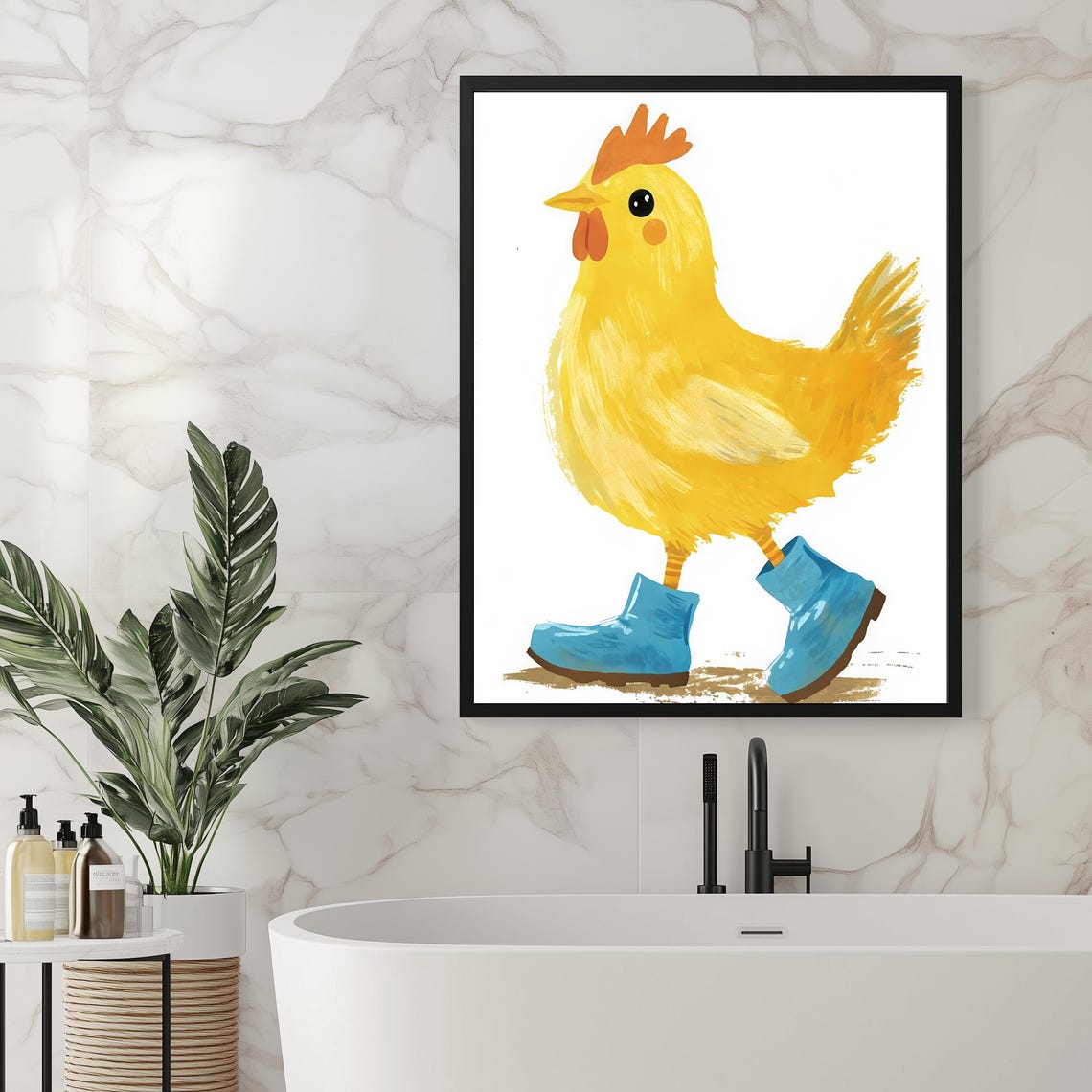 Cute Yellow Chicken Wearing Blue Boots Funny Watercolor Wall Art - Image 4