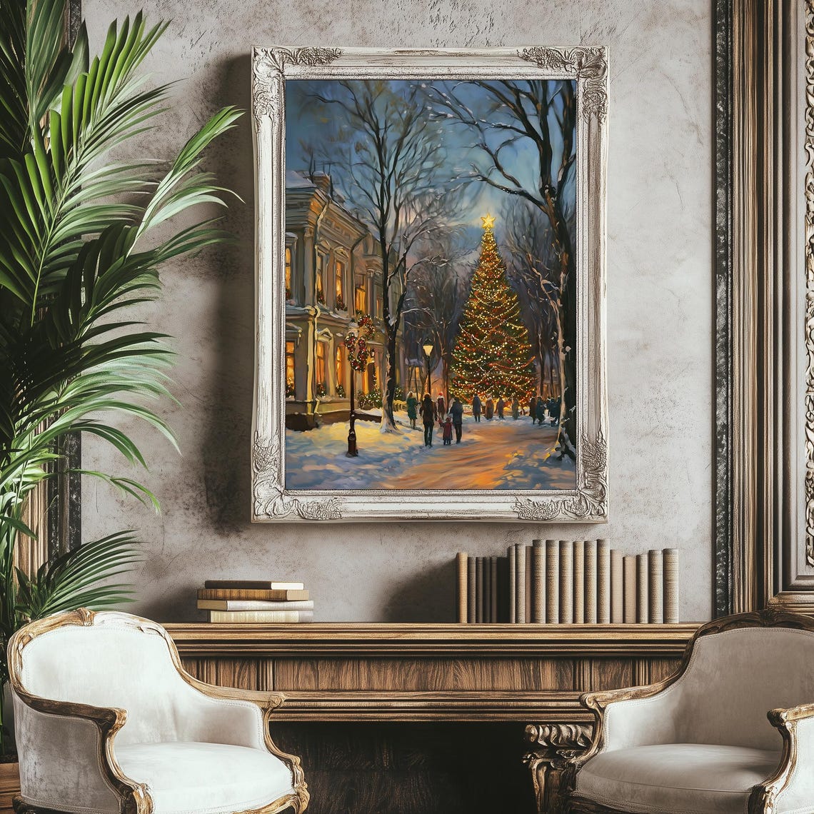 Snowy Town Street With Glowing Christmas Tree Night Holiday Poster - Image 4