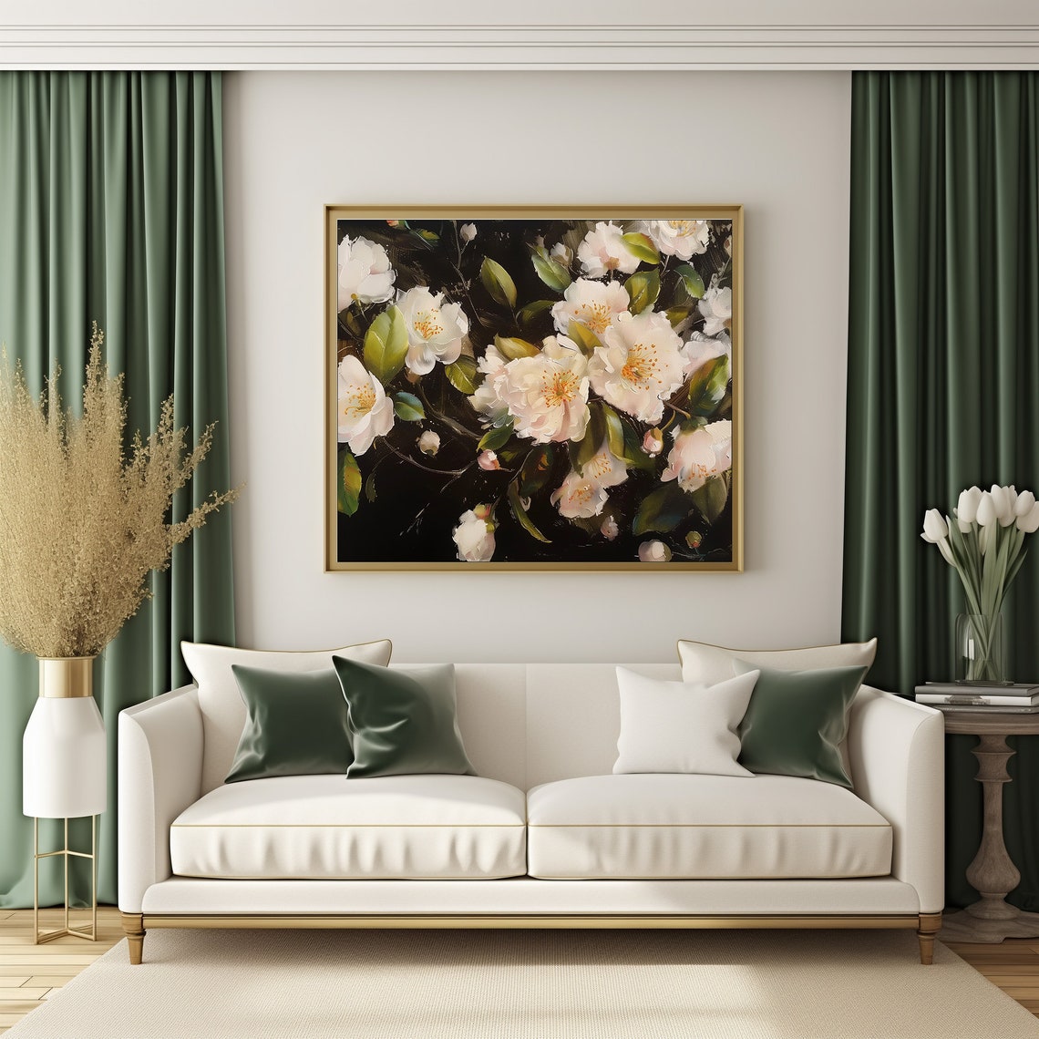 White Camellia Flowers On Dark Background Oil Painting Wall Art - Image 2