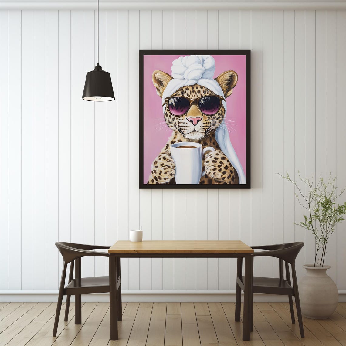 Leopard In Sunglasses Holding Coffee Maximalist Pink Wall Art Poster - Image 3