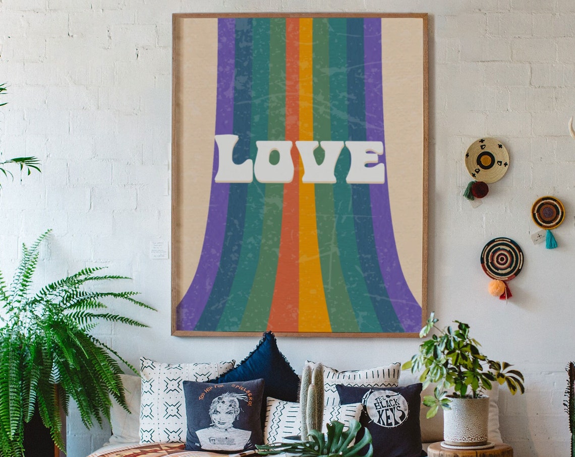 Love Retro Quote Poster On Vertical Rainbow Stripes In 70s Style