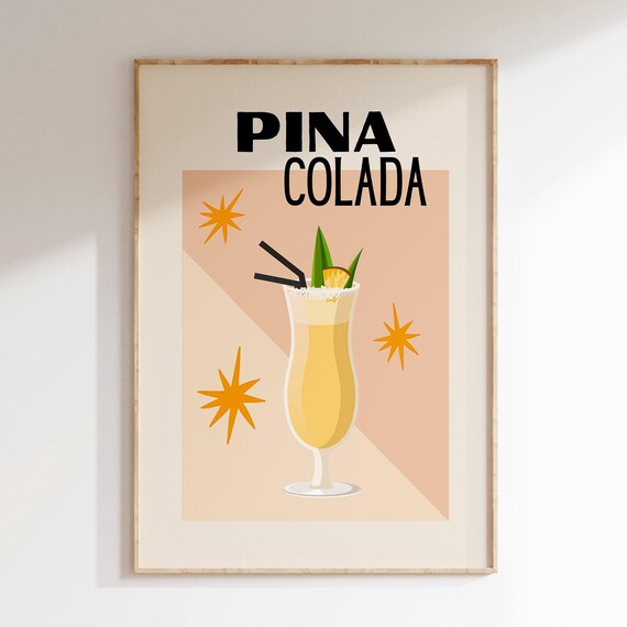 Pina Colada Retro Cocktail Illustration Tropical Bar Cart Poster