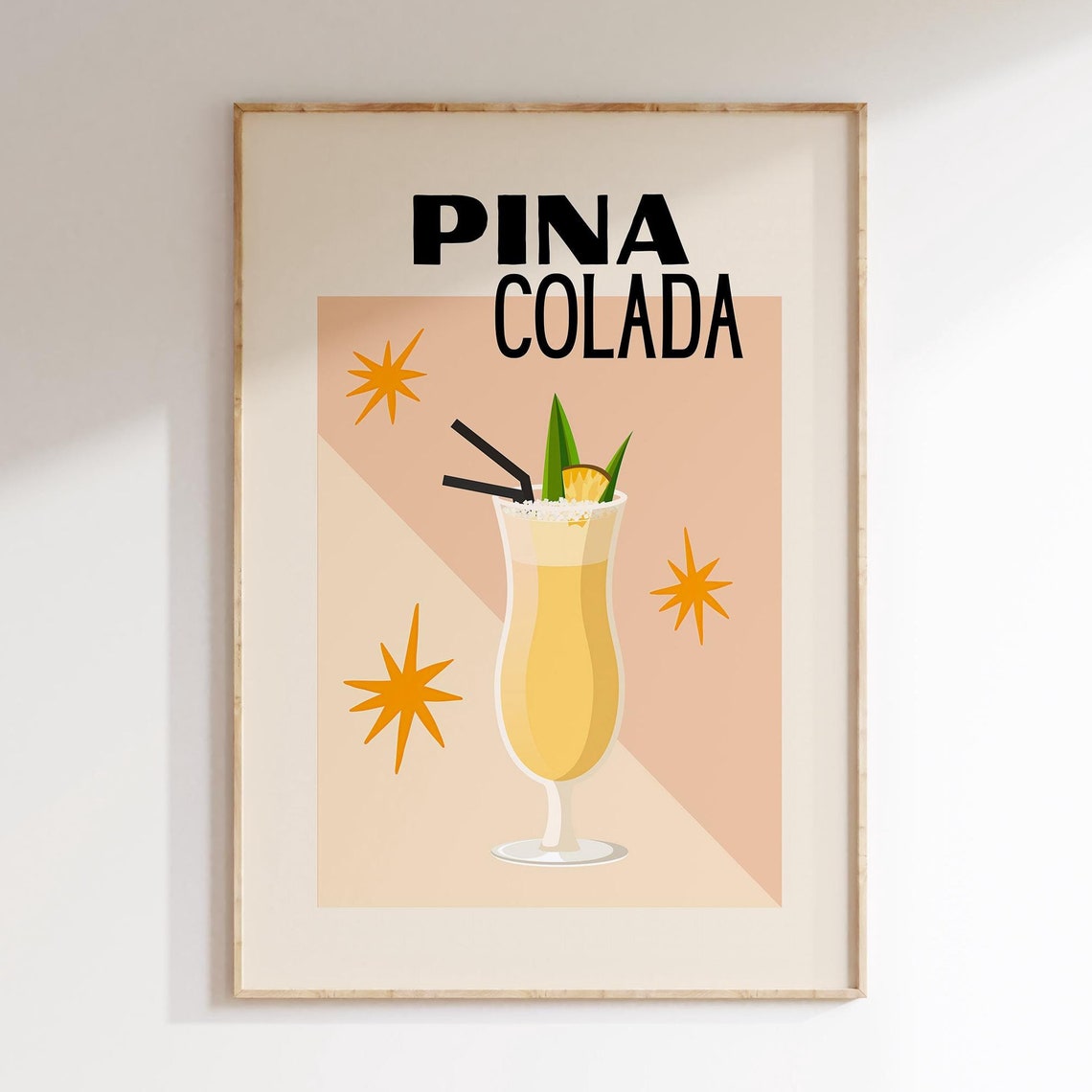 Pina Colada Retro Cocktail Illustration Tropical Bar Cart Poster