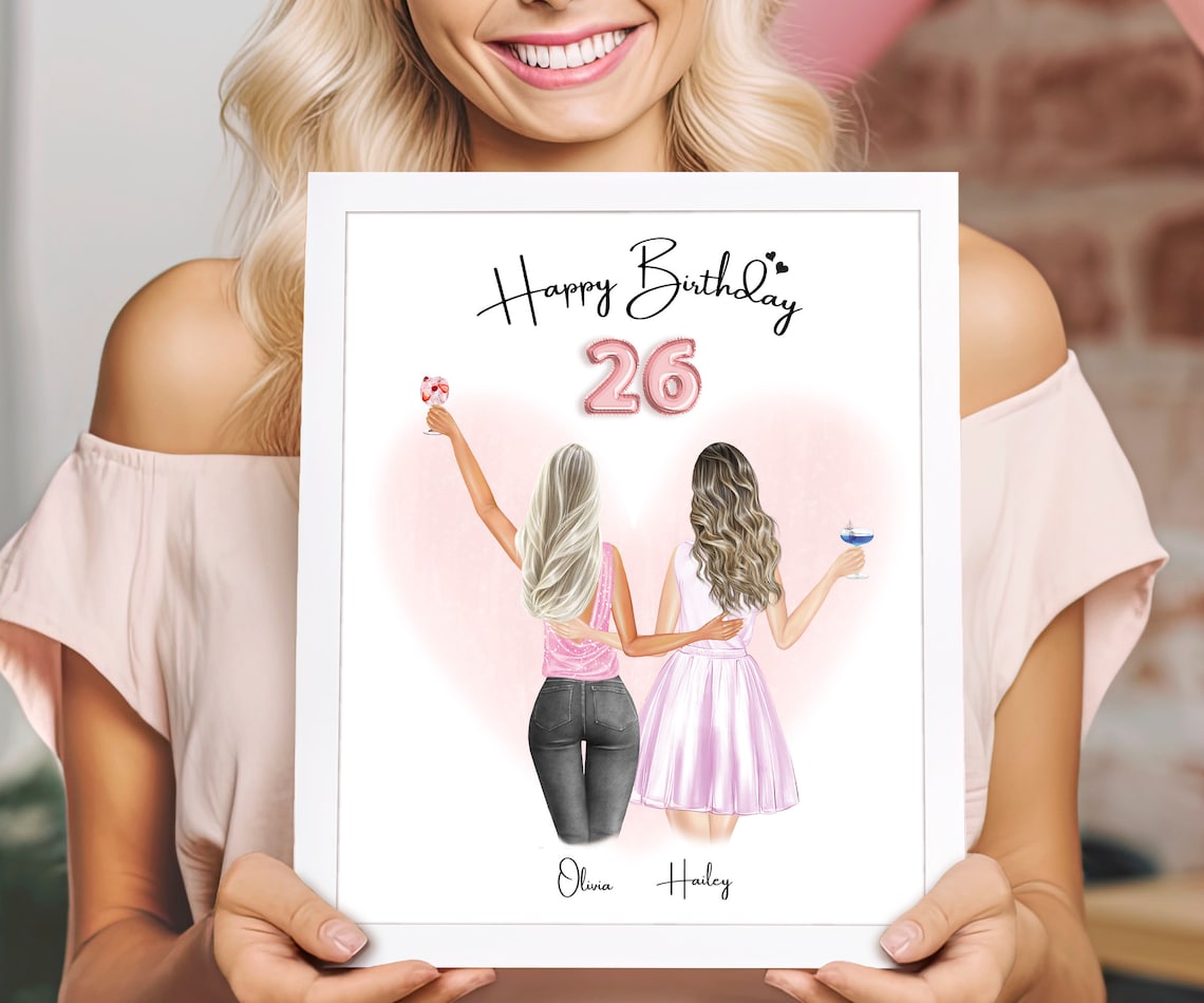 Personalized 26th Birthday Poster Two Best Friends With Pink Balloons