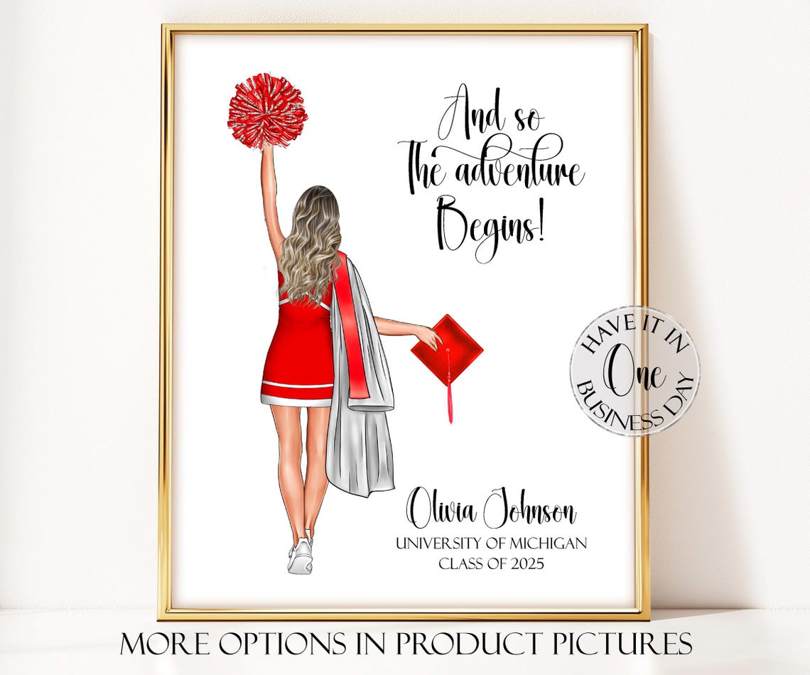 Cheerleader Graduation Red Uniform Pom Pom Custom Name Print