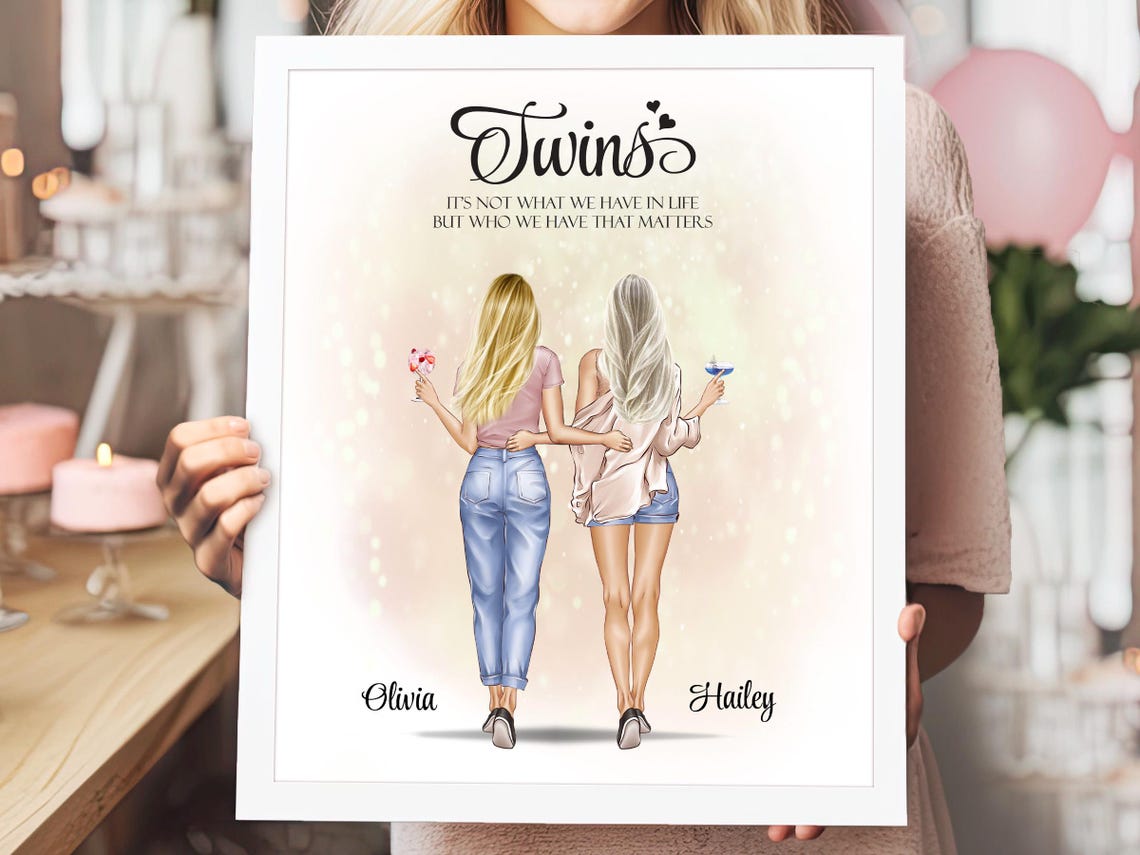 Twins Walking with Cocktails Gold Bokeh Keepsake Poster Gift