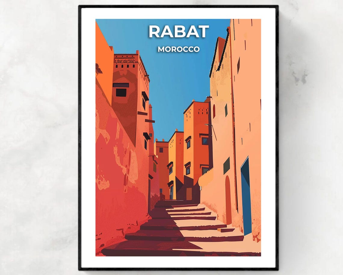 Rabat Morocco Terracotta Steps Sunlit Old Street Travel Poster