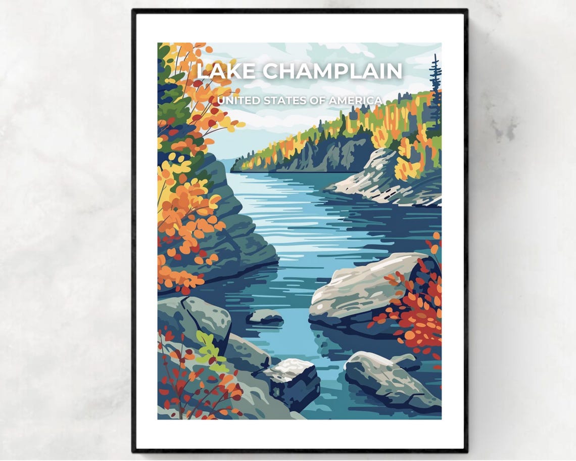 Lake Champlain Autumn Cliffs Golden Fall White Title Travel Poster