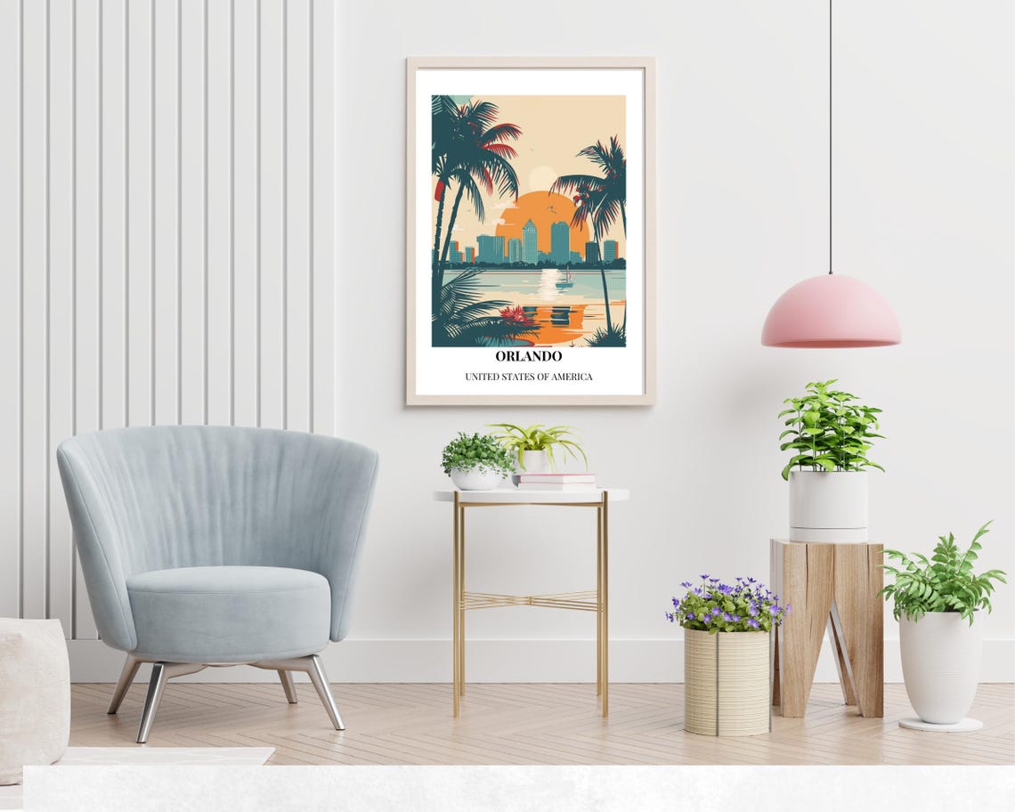 Orlando Florida Skyline Sunset Palm Waterfront Golden Glow Poster - Image 2