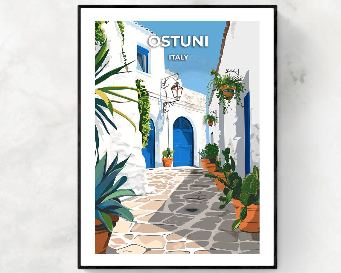 Ostuni Italy Sunlit Whitewashed Alley Blue Doors Vintage Travel Poster