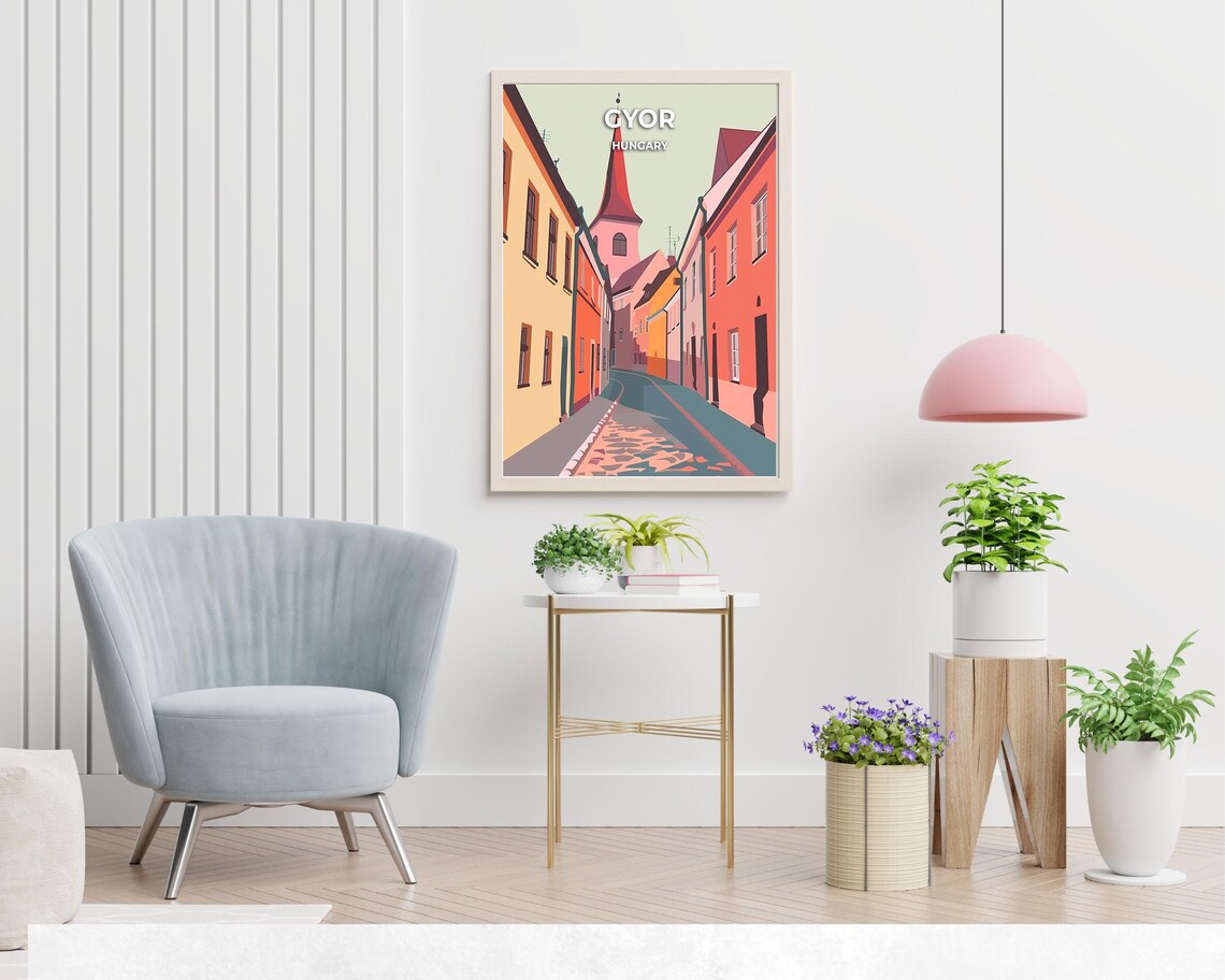 Gyor Hungary Cobbled Old Street Church Spire Baroque Travel Poster - Image 2