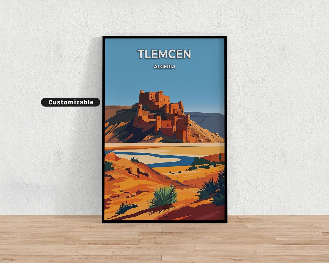 Tlemcen Algeria Ancient Kasbah Hill River Desert Vintage Travel Poster
