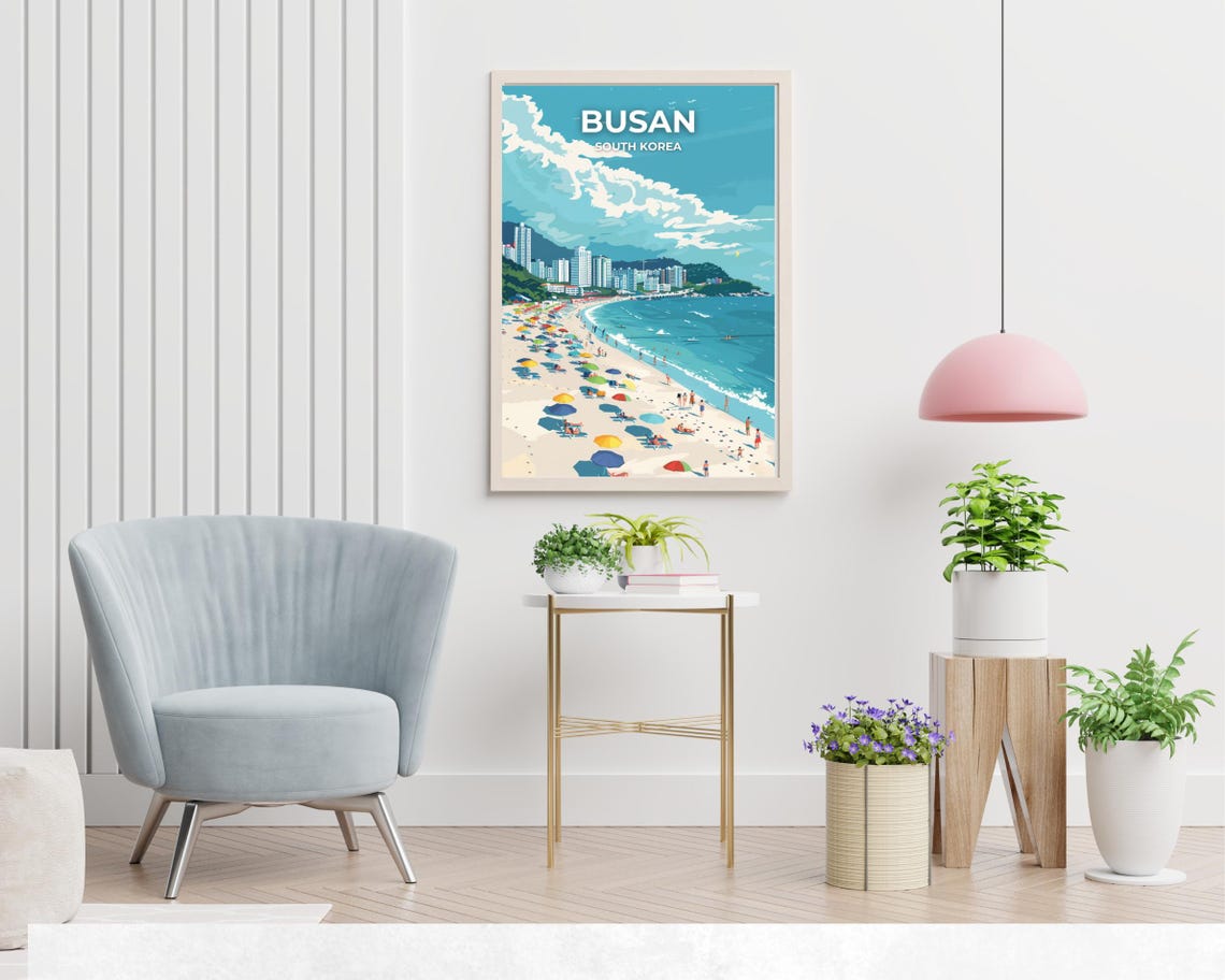 Busan South Korea Haeundae Beach Umbrellas City Skyline Travel Poster - Image 2