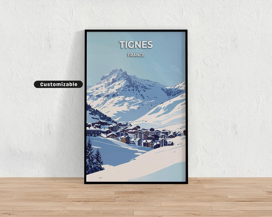 Tignes France Snowy Mountain Village Winter Chalet Travel Poster