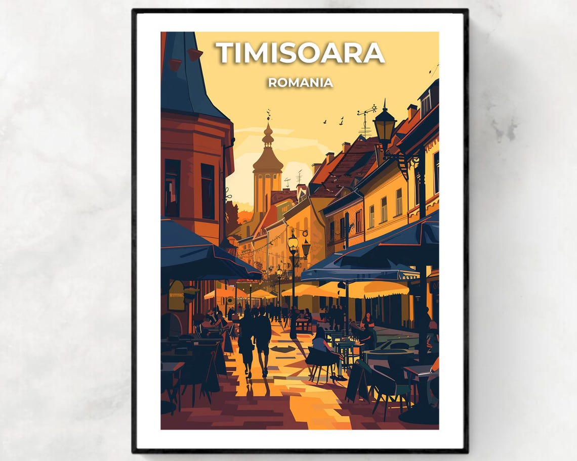 Timisoara Romania Cafe Street Golden Hour Church Scene Poster