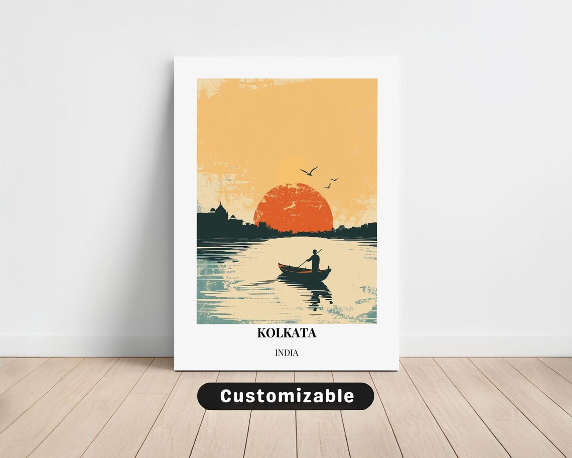 Kolkata India Sunset Boat Fisherman River Silhouette Travel Poster