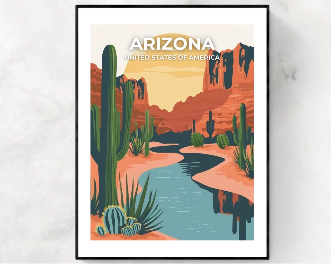 Arizona Desert Cacti River Red Rocks Travel Poster Sky Title