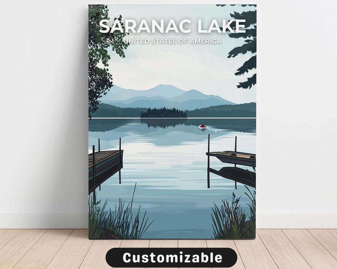 Saranac Lake Adirondacks Calm Lake Docks Retro Travel Art Poster