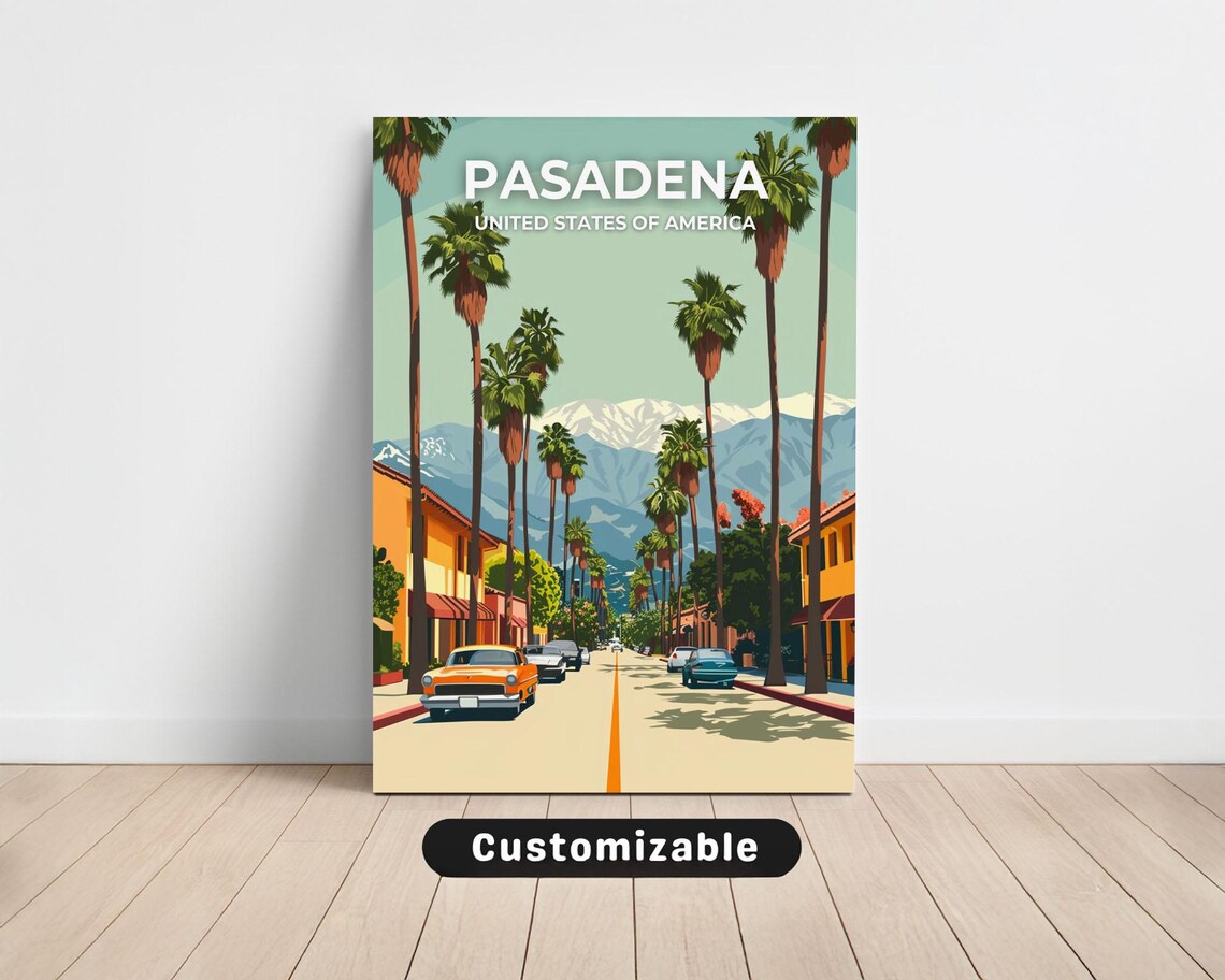 Pasadena California Vintage Street Travel Poster with Palm Trees