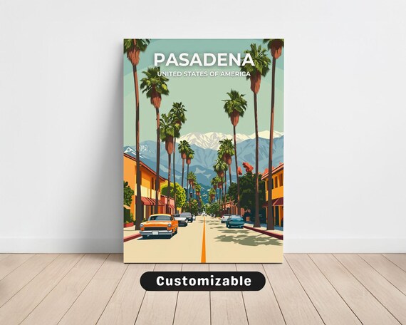 Pasadena California Vintage Street Travel Poster with Palm Trees