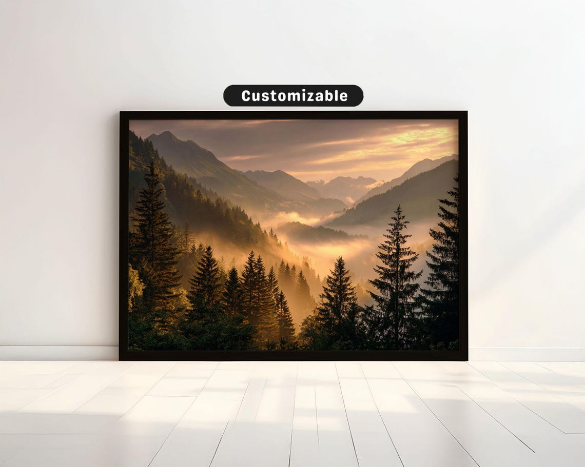 Golden Sunrise Misty Mountain Valley Pine Trees Morning Glow Poster