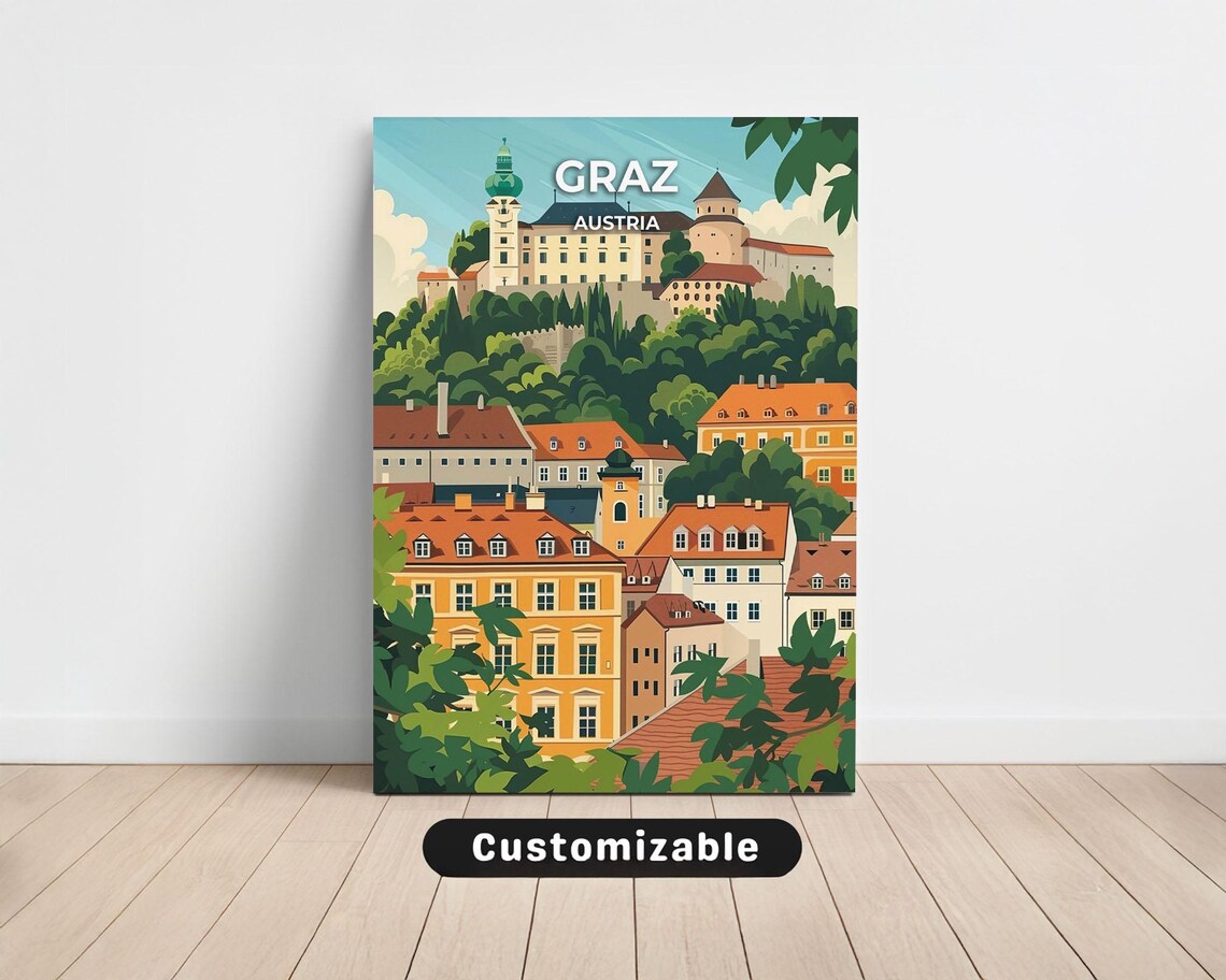 Graz Austria Hilltop Castle Fortress Vintage Retro Travel Poster