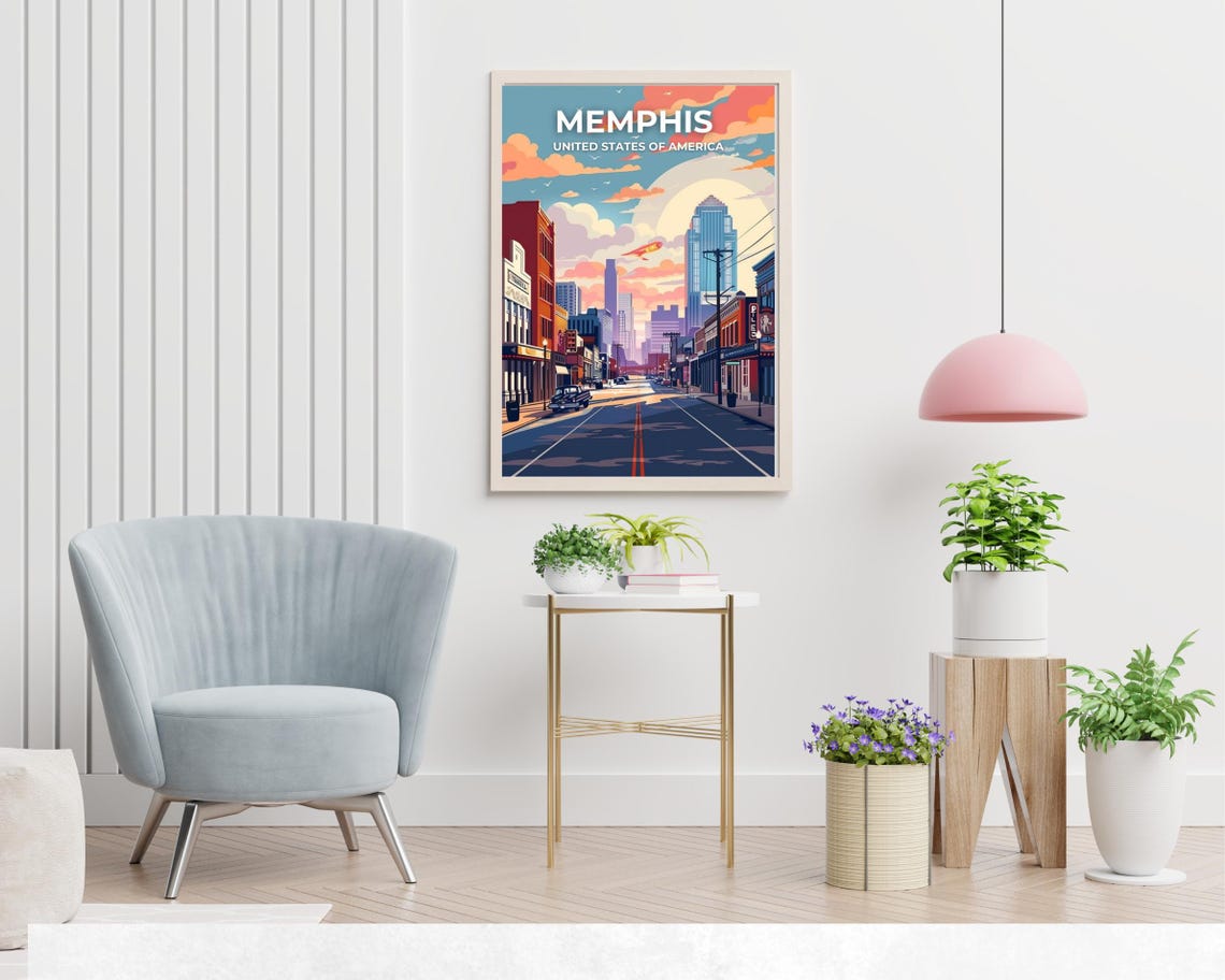 Memphis Tennessee Colorful Downtown Skyline Street Sunset Poster - Image 2