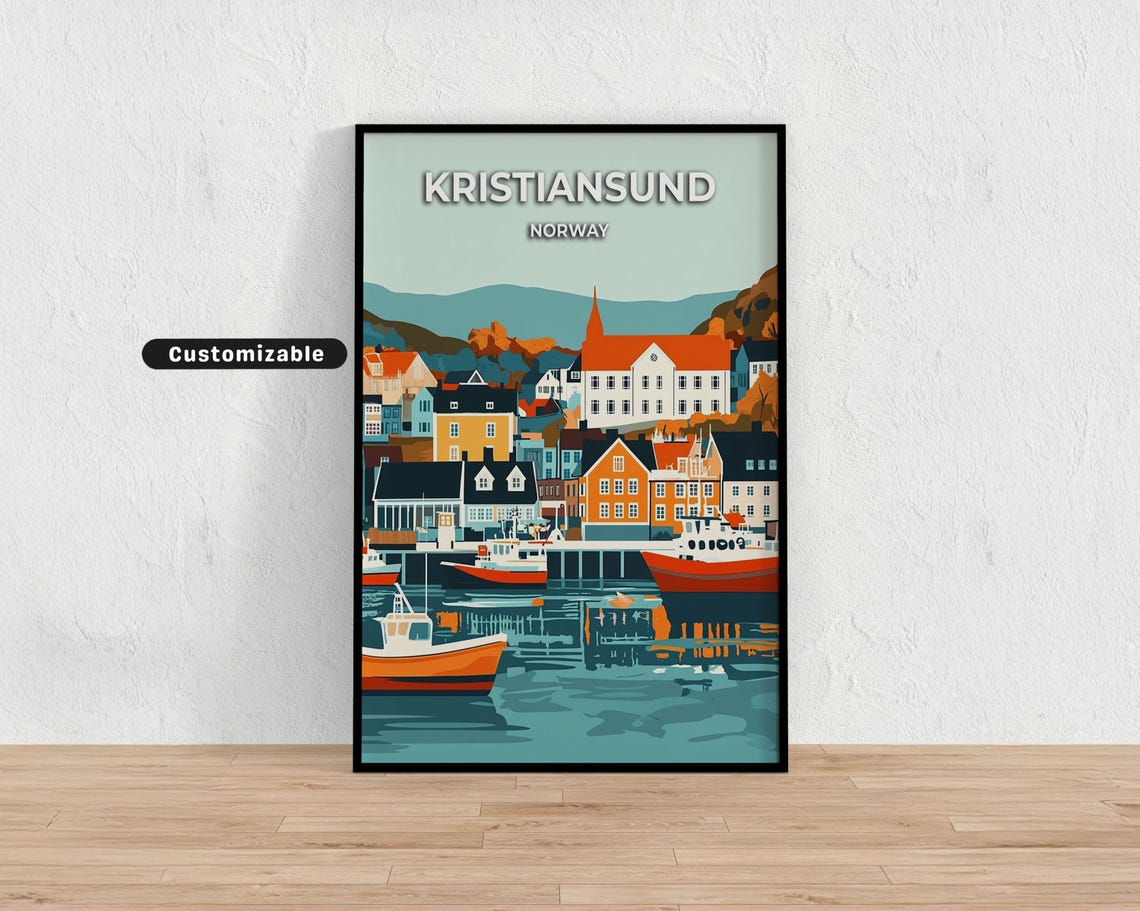 Kristiansund Norway Old Town Harbor Boats Retro Travel Poster