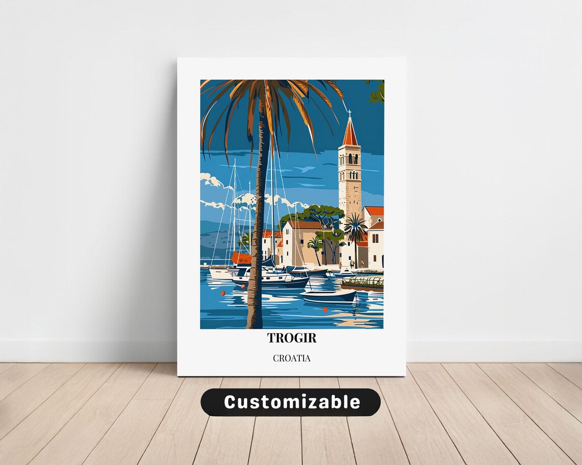 Trogir Croatia Harbor Retro Adriatic Travel Illustration Poster