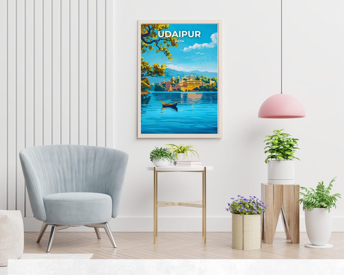 Udaipur India City Palace Lake Boat Scenic Vintage Travel Poster - Image 2