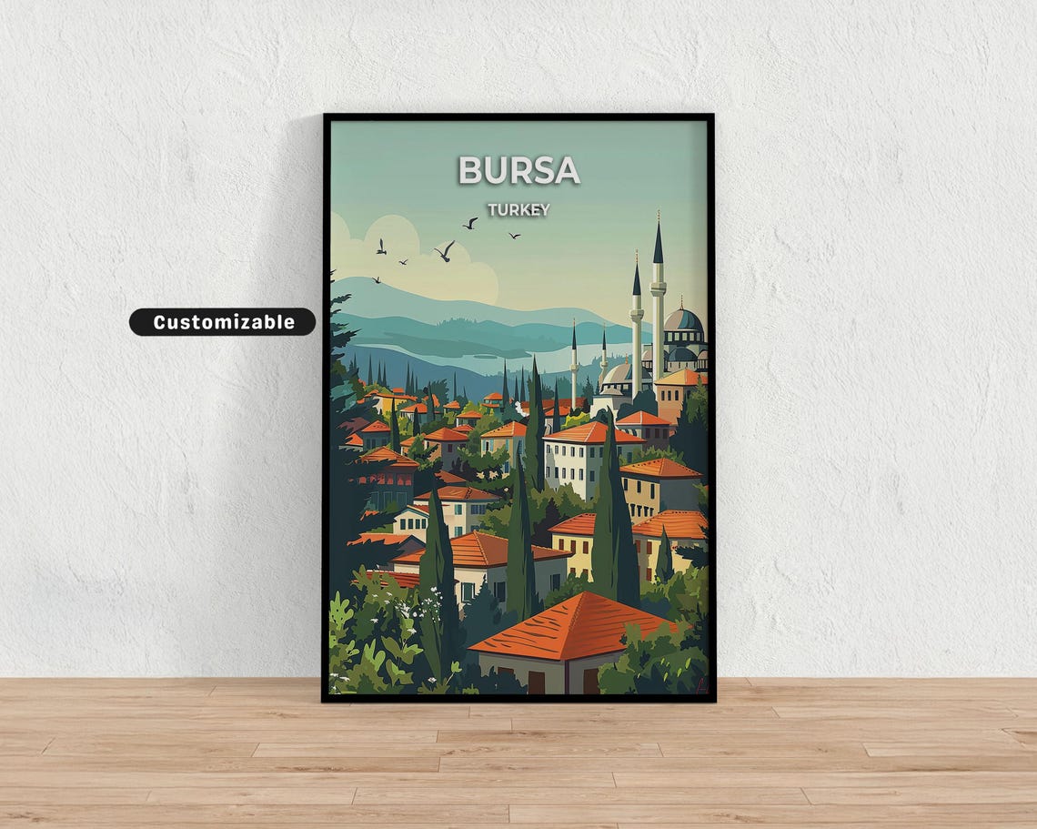 Bursa Turkey Old City Mosque Hillside Sunset Vintage Travel Poster