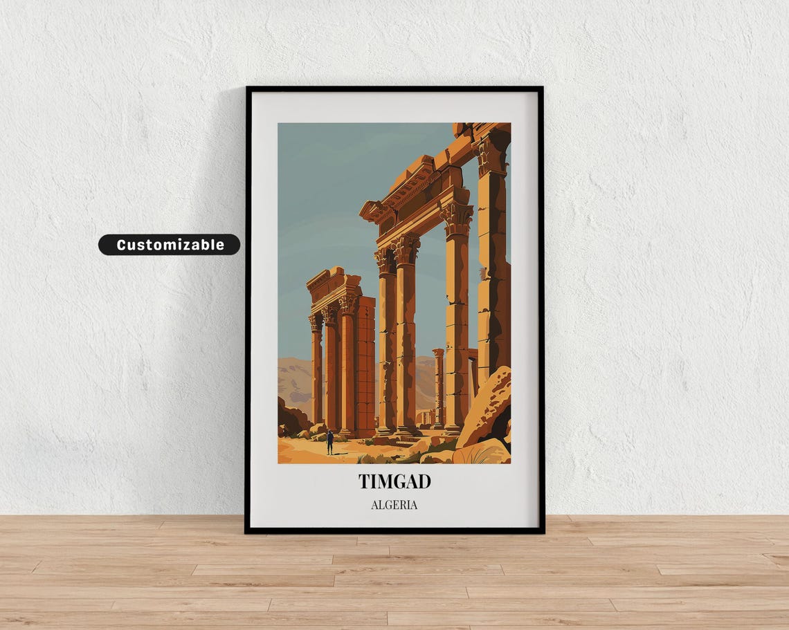 Timgad Algeria Travel Poster Ancient Roman Ruins Columns Desert Scene