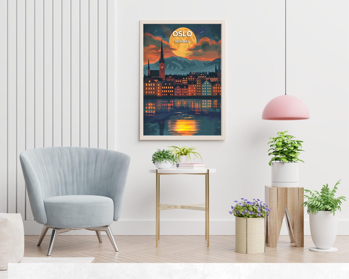 Oslo Harbor at Dusk Under a Giant Golden Moon Norway Travel Poster - Image 2