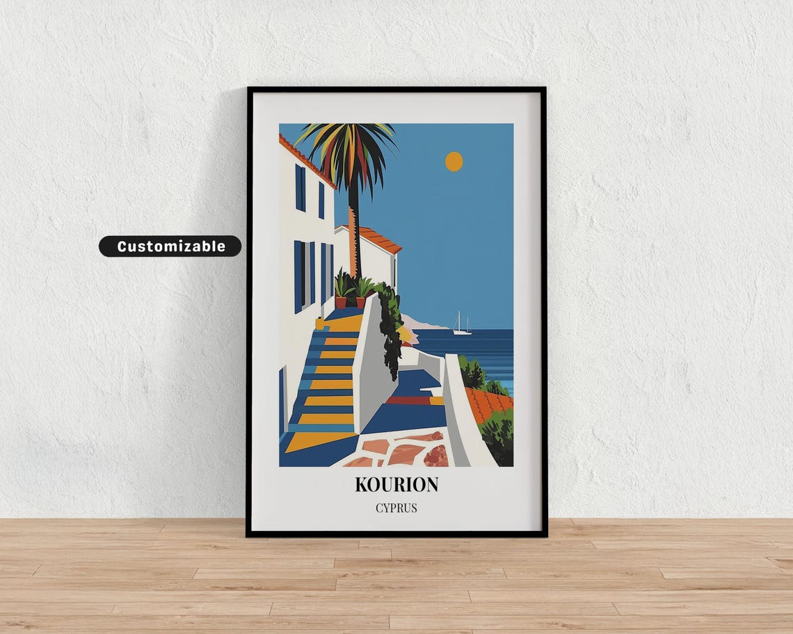 Kourion Cyprus Seaside Village Staircase Vintage Travel Poster