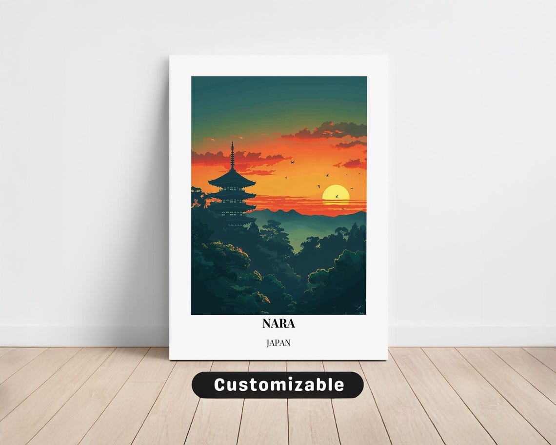 Nara Japan Pagoda Sunset Silhouette Minimalist Travel Art Poster