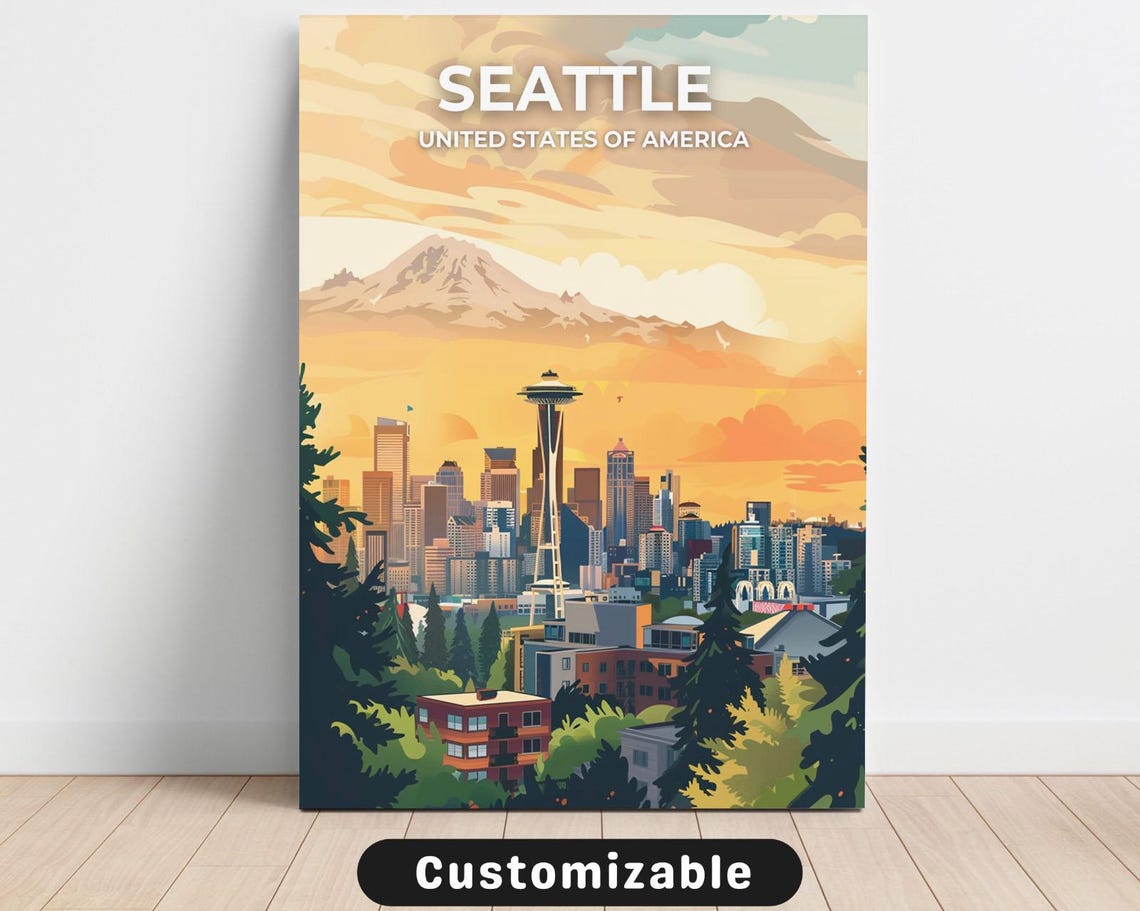 Seattle Space Needle Sunset Skyline Retro Vintage Travel Poster