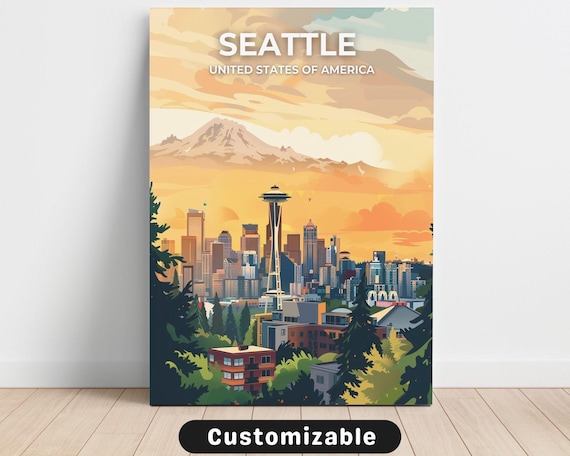 Seattle Space Needle Sunset Skyline Retro Vintage Travel Poster