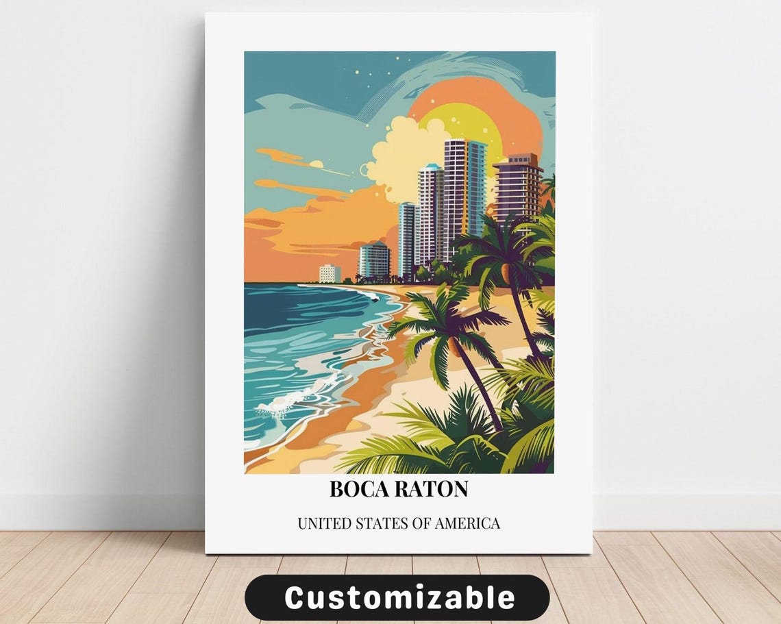 Boca Raton Florida Beach Sunset Palms Ocean Retro Travel Poster