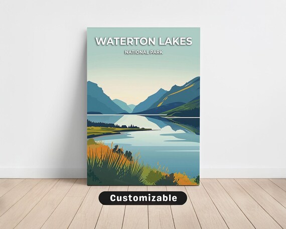 Waterton Lakes National Park Mountain Lake Travel Scene Poster