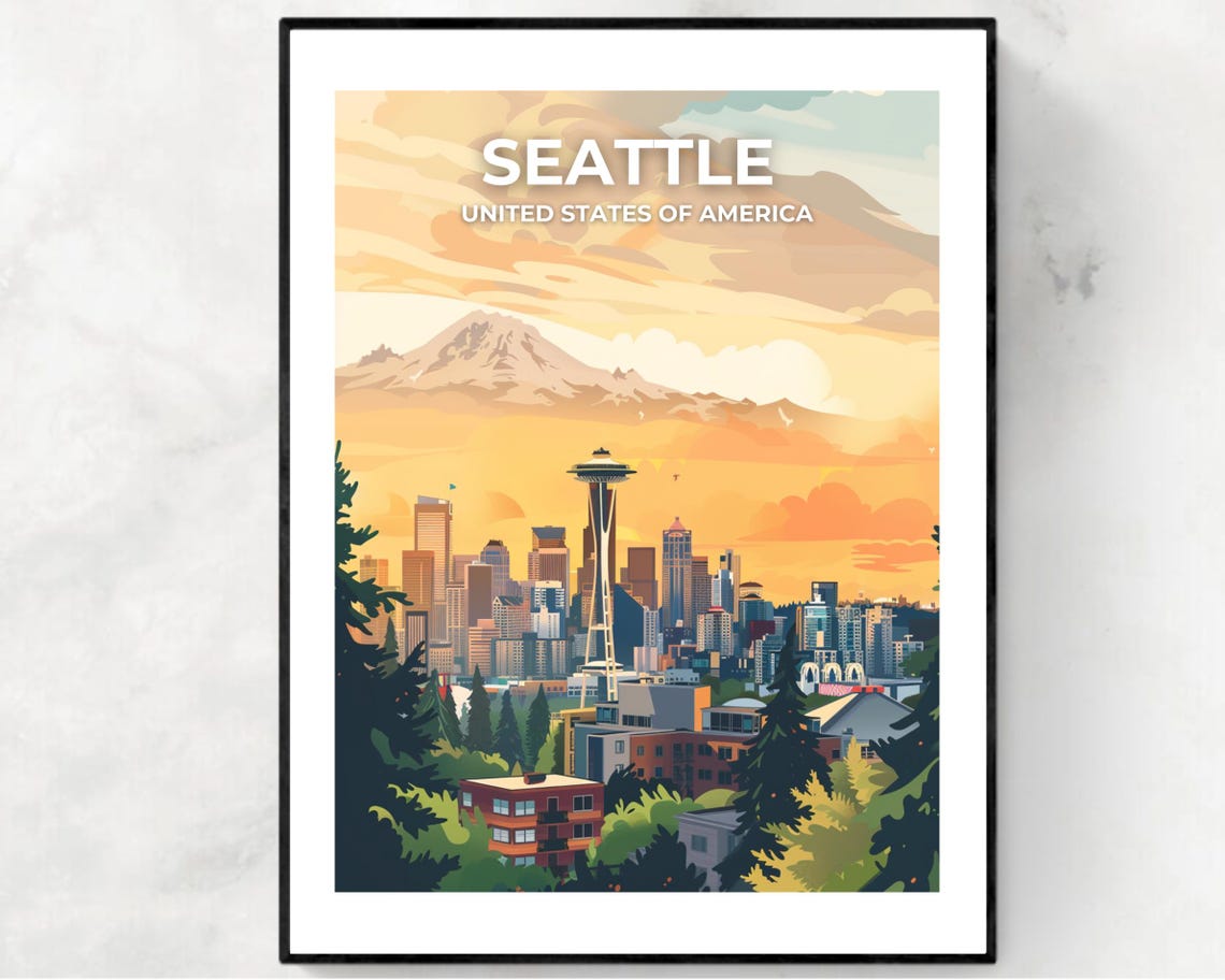 Seattle Space Needle Sunset Skyline On Image Title Travel Poster