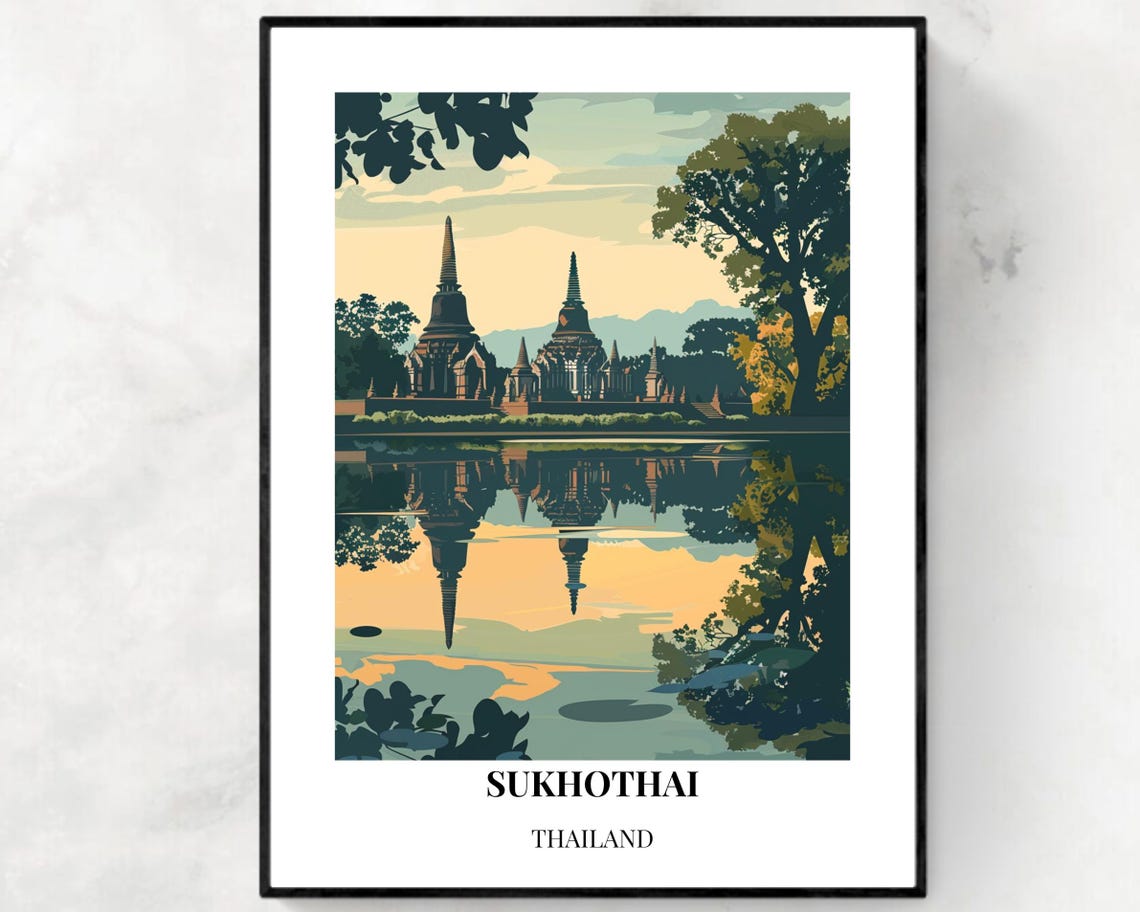 Sukhothai Ancient Temples Reflecting in Water at Dusk Poster