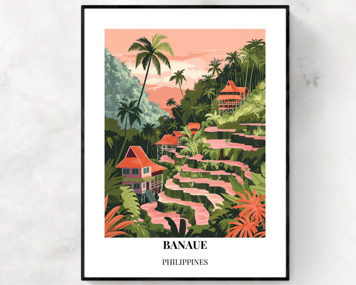 Banaue Rice Terraces at Pink Sunset With Palms Philippines Poster