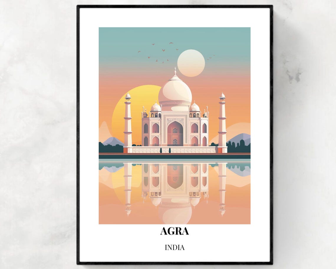 Grand Agra India Taj Mahal Golden Sunset Reflection Travel Poster