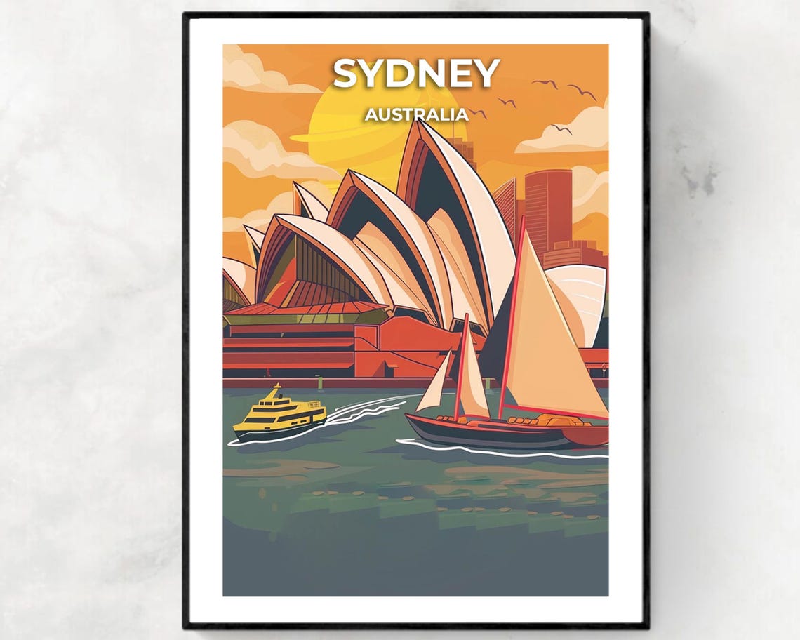 Sydney Opera House Golden Sunset Sailboat Harbour Travel Poster