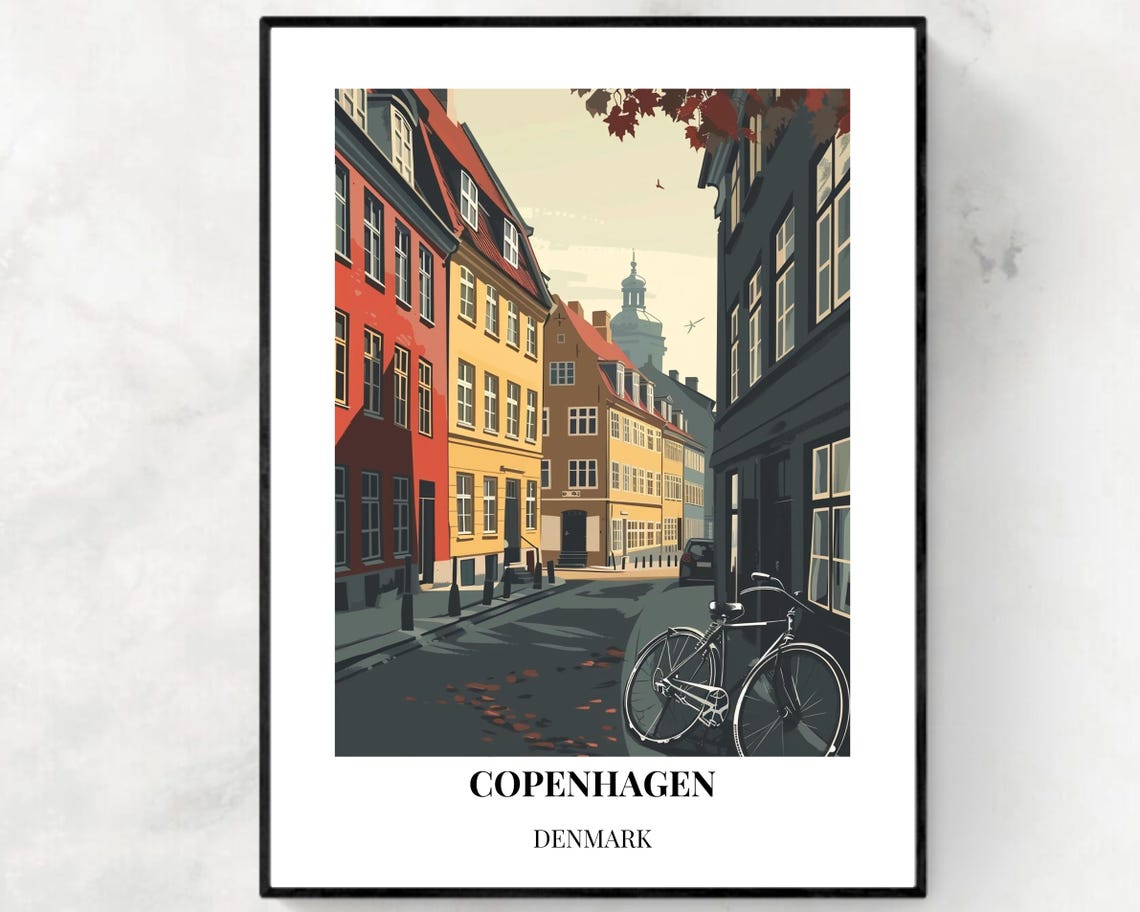 Copenhagen Denmark Autumn Street Bicycle Retro Travel Poster