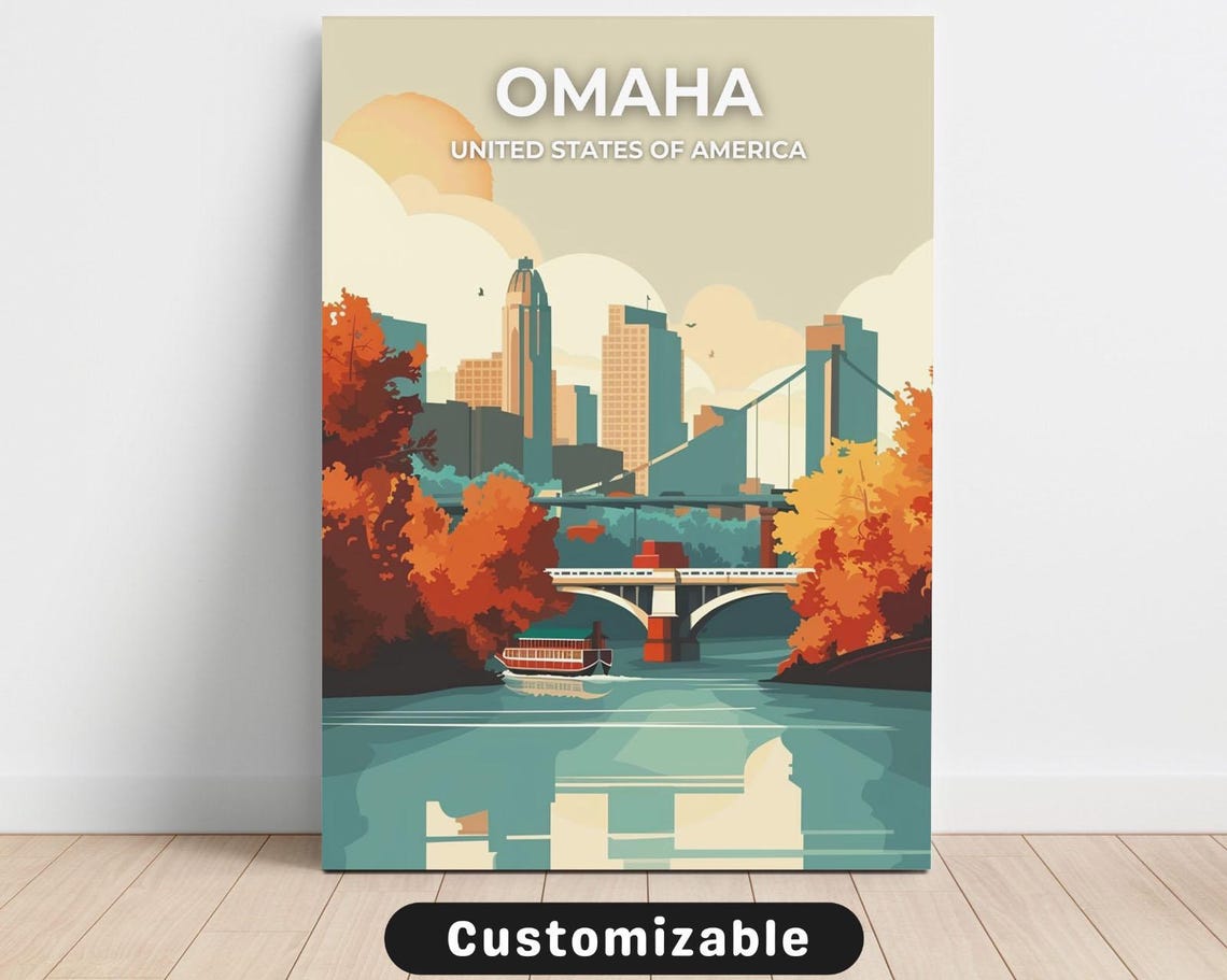 Omaha Retro Riverfront Bridge Autumn Skyline Travel Poster USA