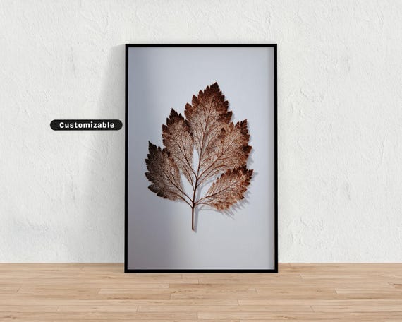 Brown Dried Leaf Silhouette On Pure White Paper Minimal Botanical Wall Art Neutral Nature Print