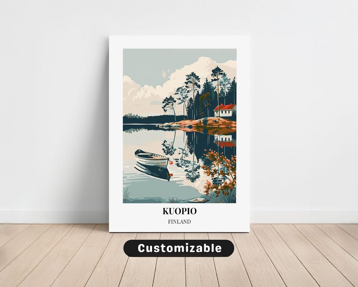 Kuopio Finland Lakeside Cabin Rowboat Travel Poster Nordic Art